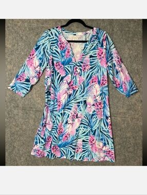 Tropical Floral Shift Dress in Blue & Pink